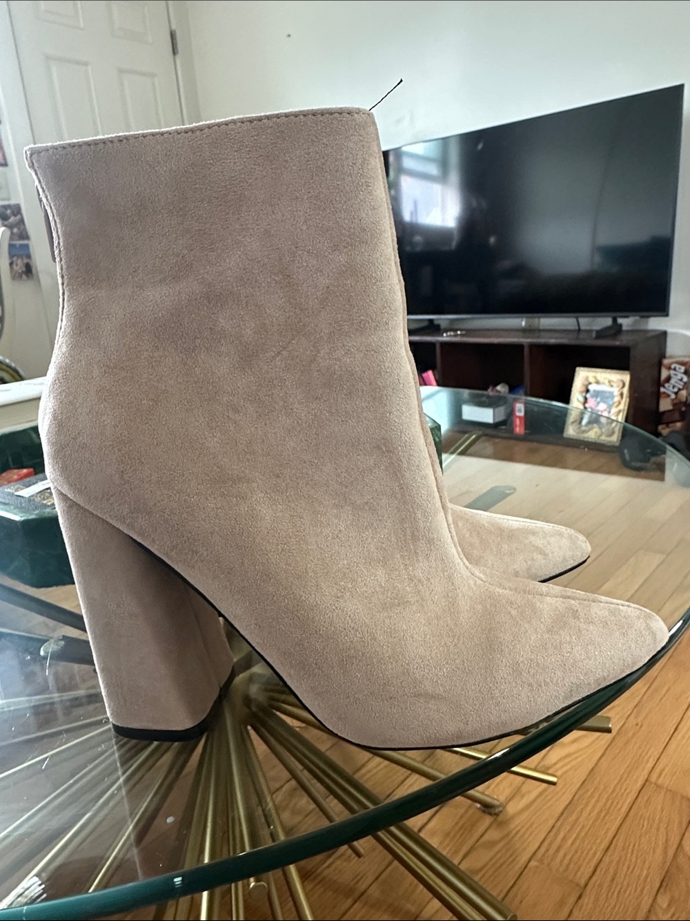 Fashion Nova Taupe Suede Pointed Block Heel Ankle Boots